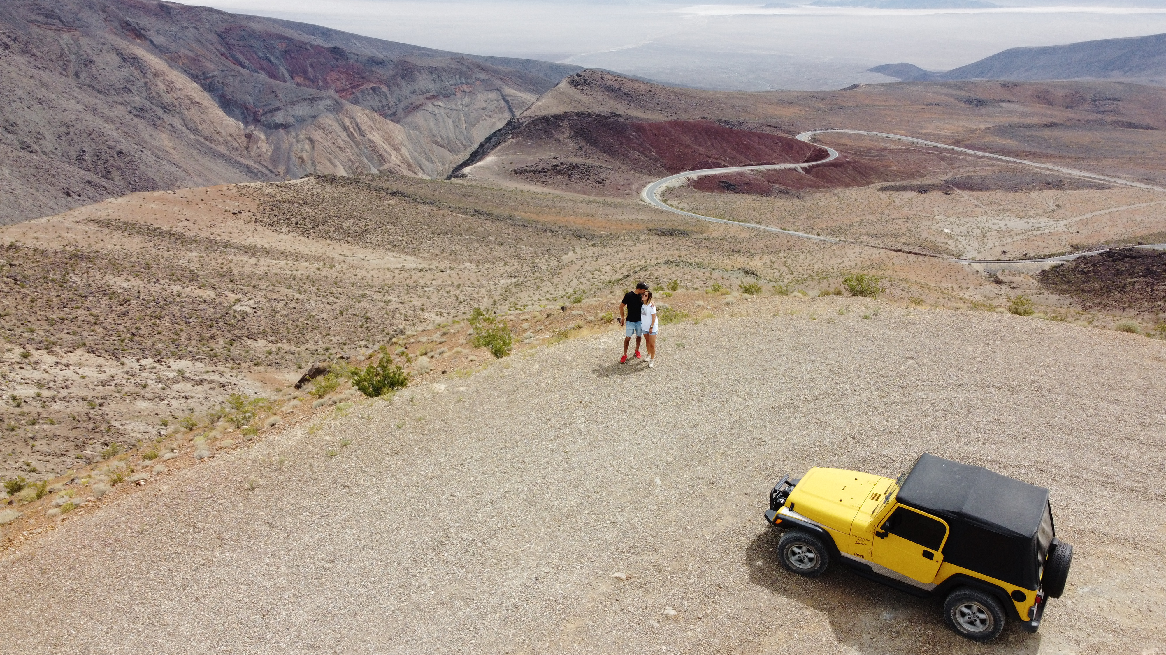 An overhead photo of us in Death Valley National Park with our Jeep Wrangler